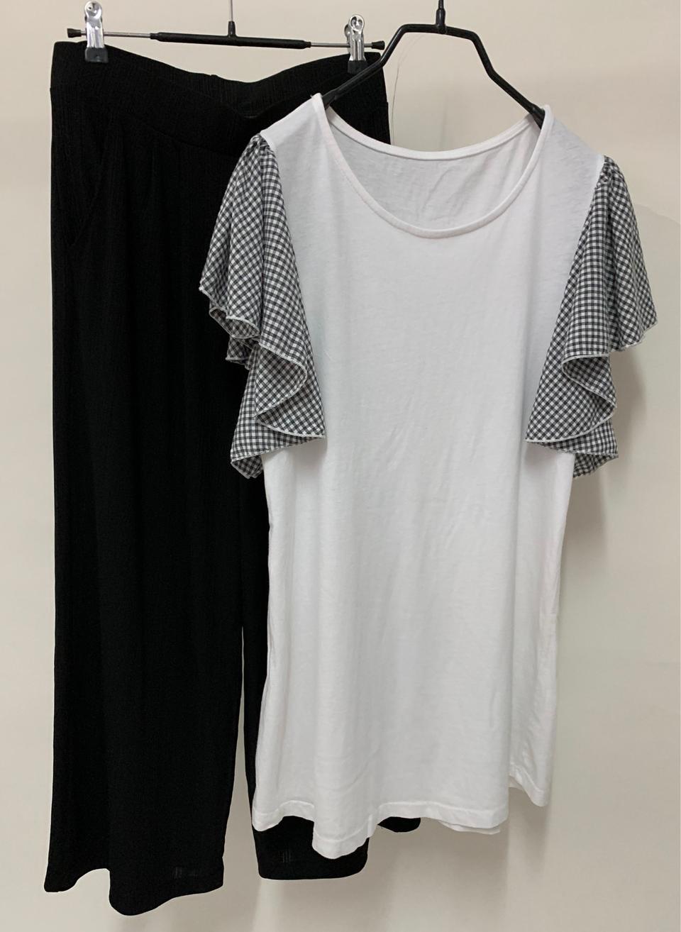 케이프 러플소매 롱티 체크배색 라운드 스판티