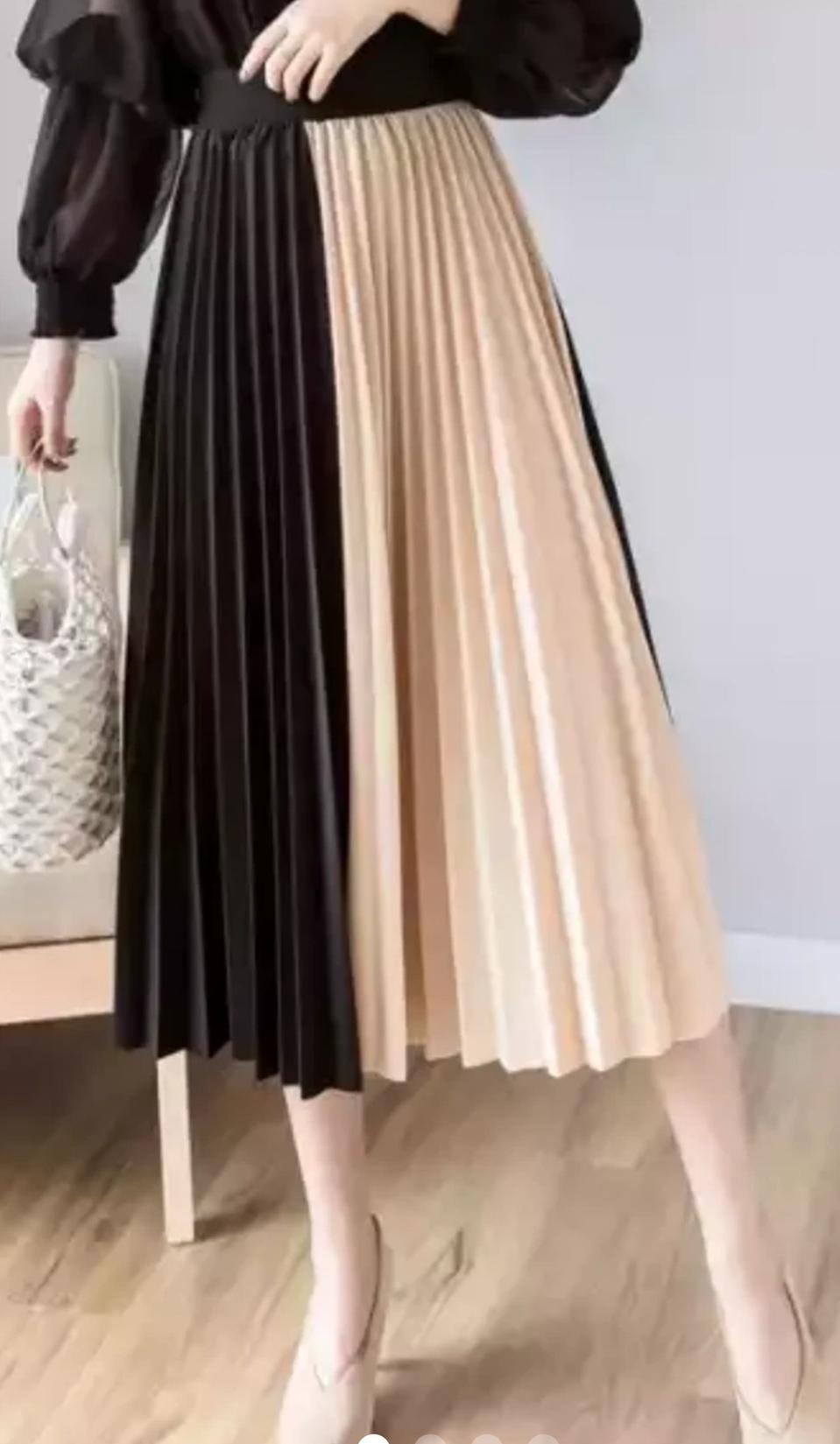유로 스타일  미디 플리츠 스커트 베이지 높은 허리 스커트