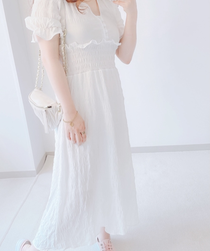 브이넥퍼프프릴롱원피스