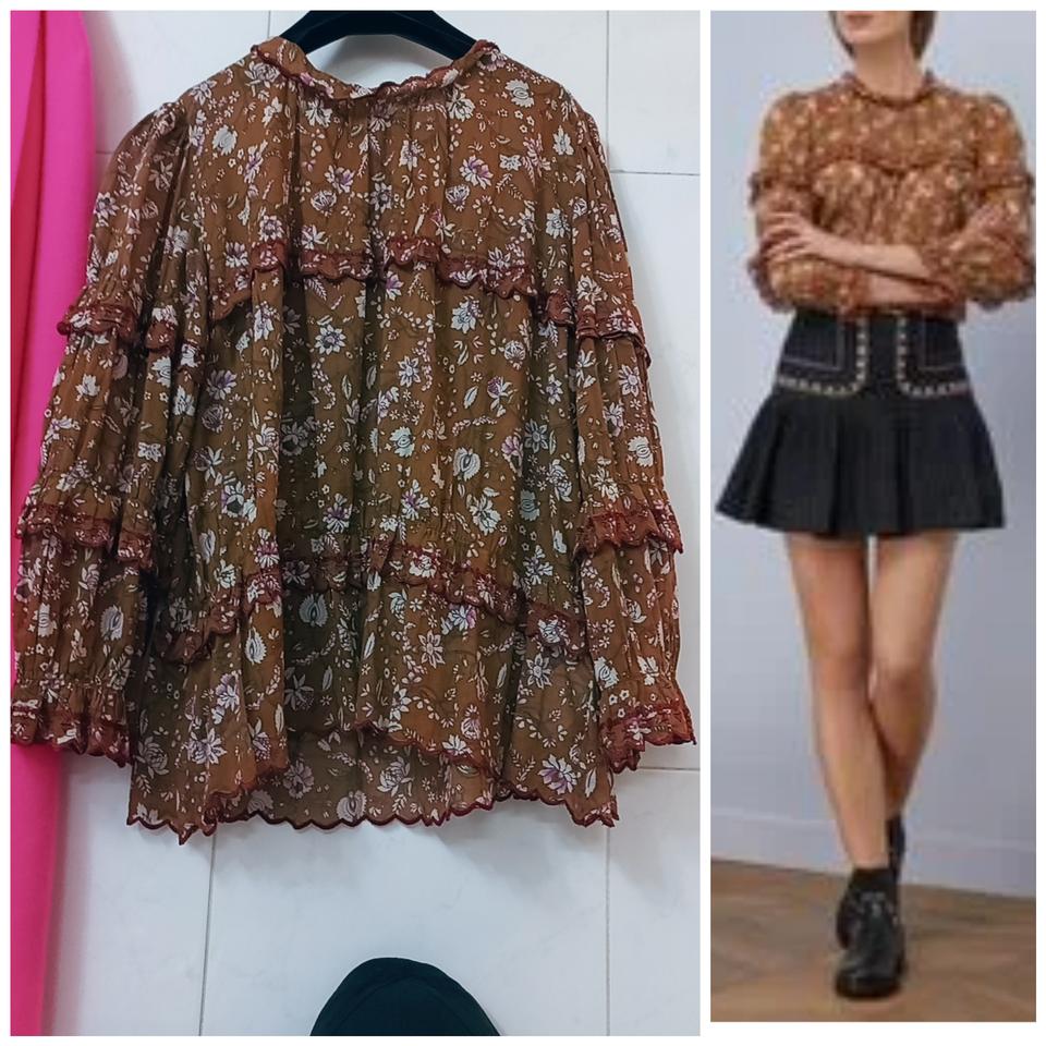 정품 명품 이자벨마랑 카멜 플라워 프릴 블라우스 카멜 꽃무늬