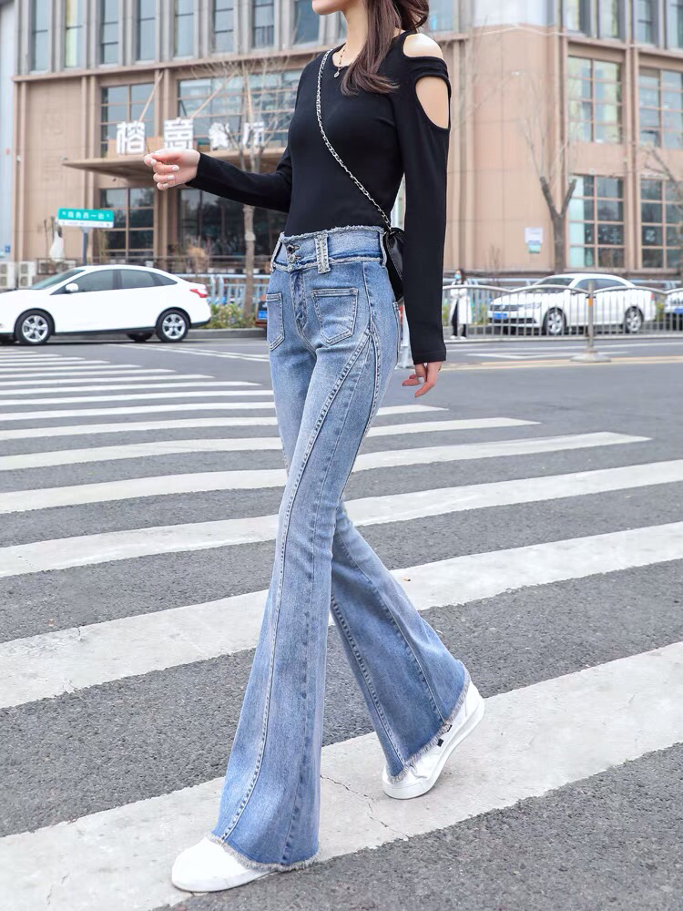 홍콩 여성 가을 신상 슬림핏 퍼 트리밍 미니 부츠컷 롱 팬츠