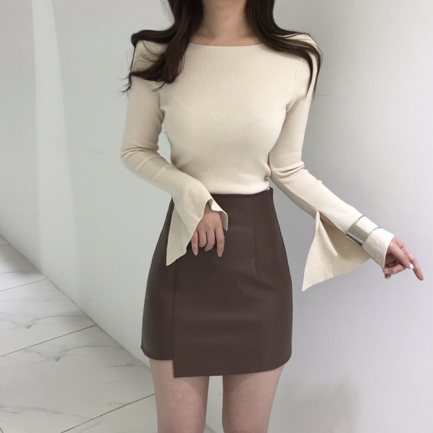 새상품)레더 언발 스커트 브라운 S/M