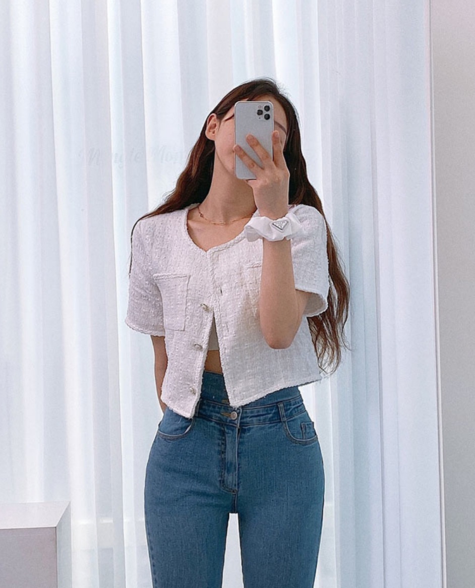 썸머 트위드 반팔 반크롭 자켓