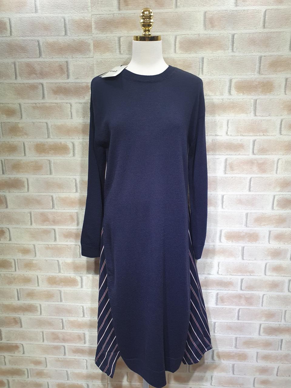 택부착 새상품 보브 정품 스트라이프 배색 언발 울 니트 원피스 ~66마른