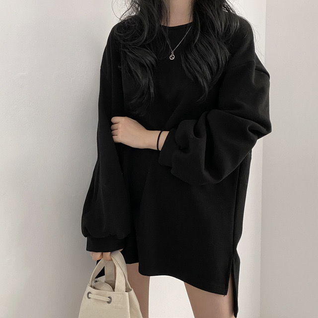 크림치즈마켓 목 늘어짐 없는 기모 롱티셔츠 [블랙]