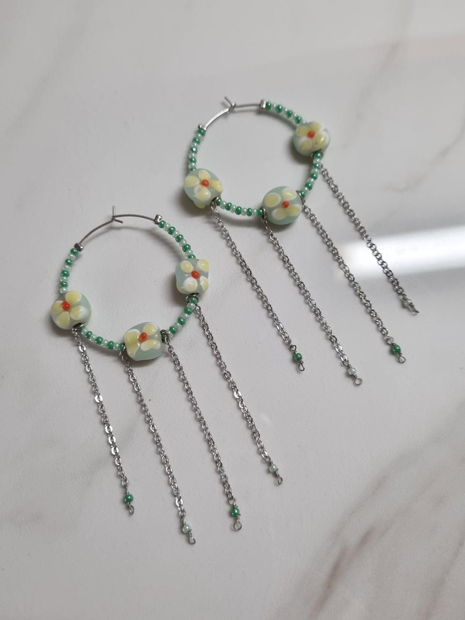 민트 꽃 비즈 링 귀걸이_ 새 상품