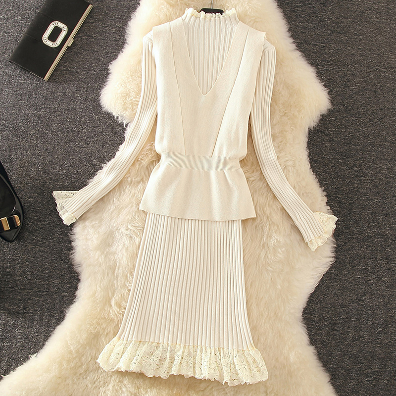 스티칭 레이스 니트 투피스 