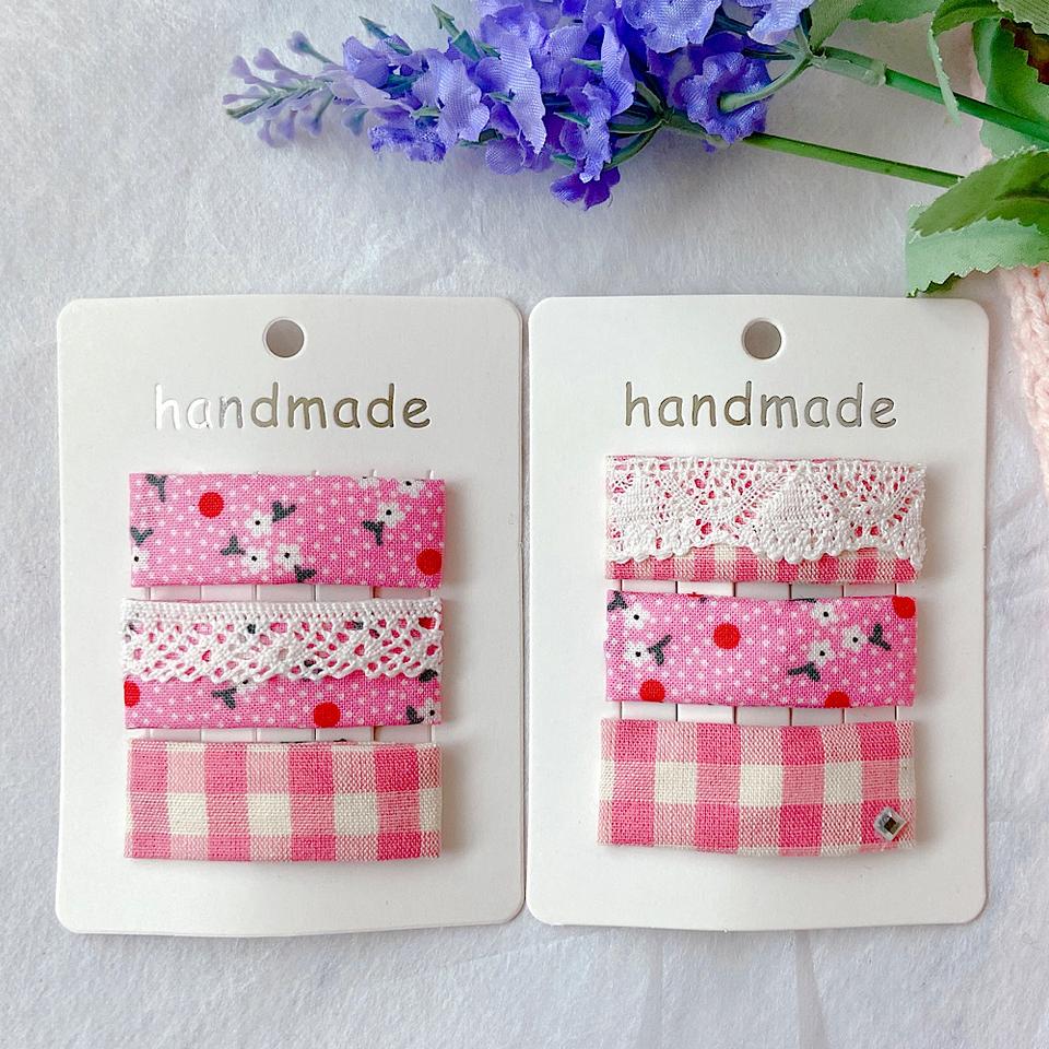 핑크 사각 원단재질 똑딱핀 유아 헤어핀