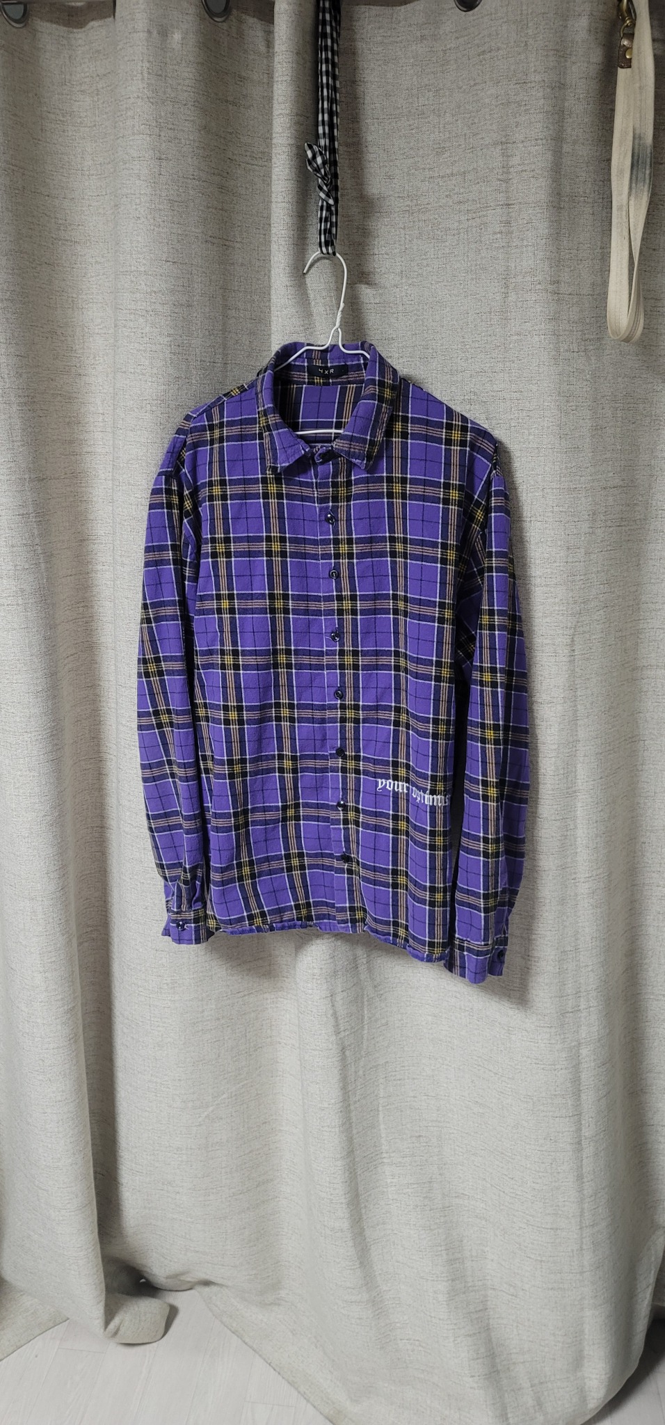 보라색 퍼플 플란넬 오버핏 체크 셔츠  100