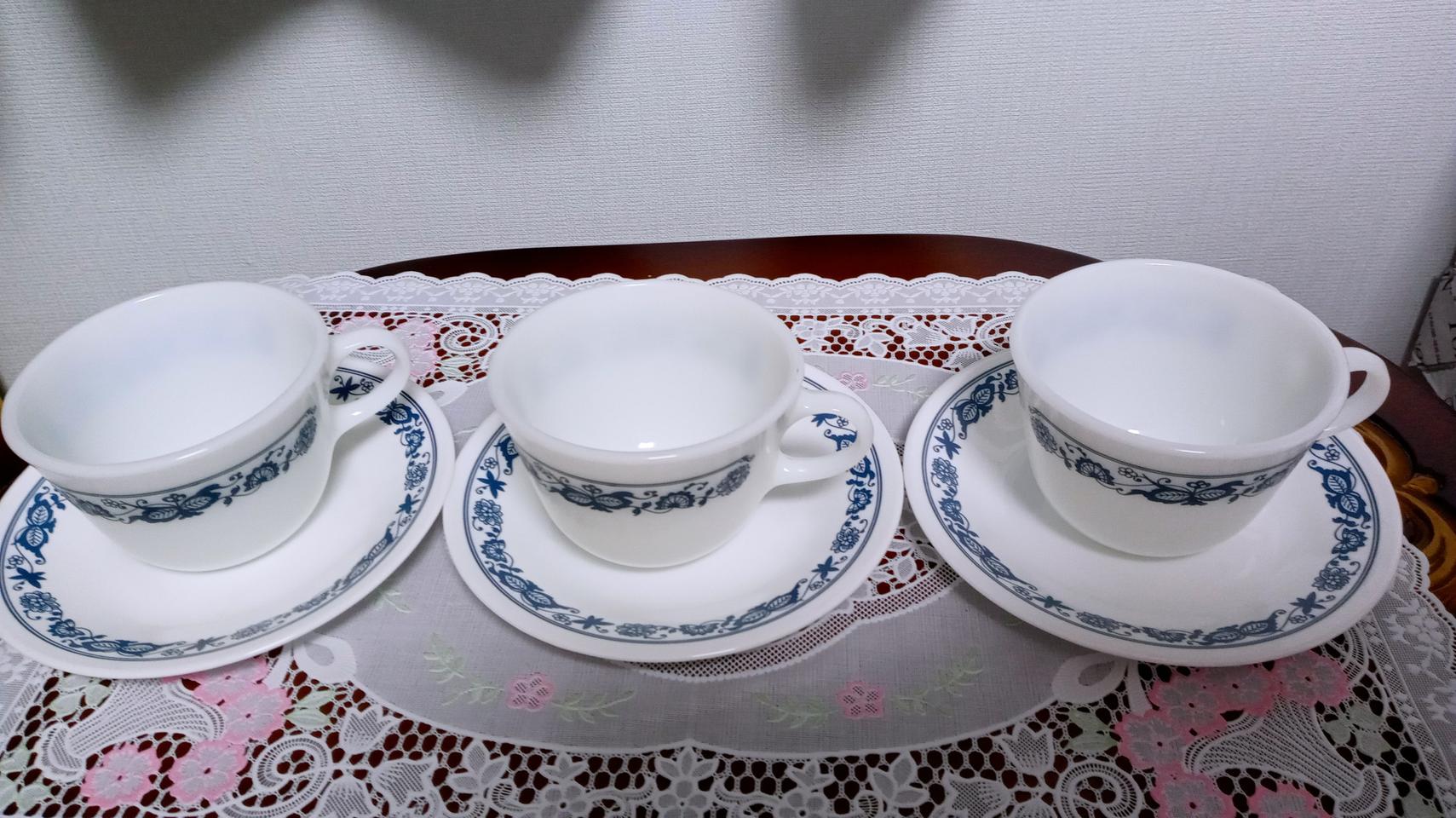 코렐 파이렉스 블루어니언 커피잔&소서3조일괄