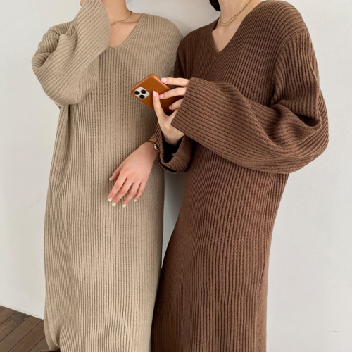 V넥 케주얼 스웨터 원피스