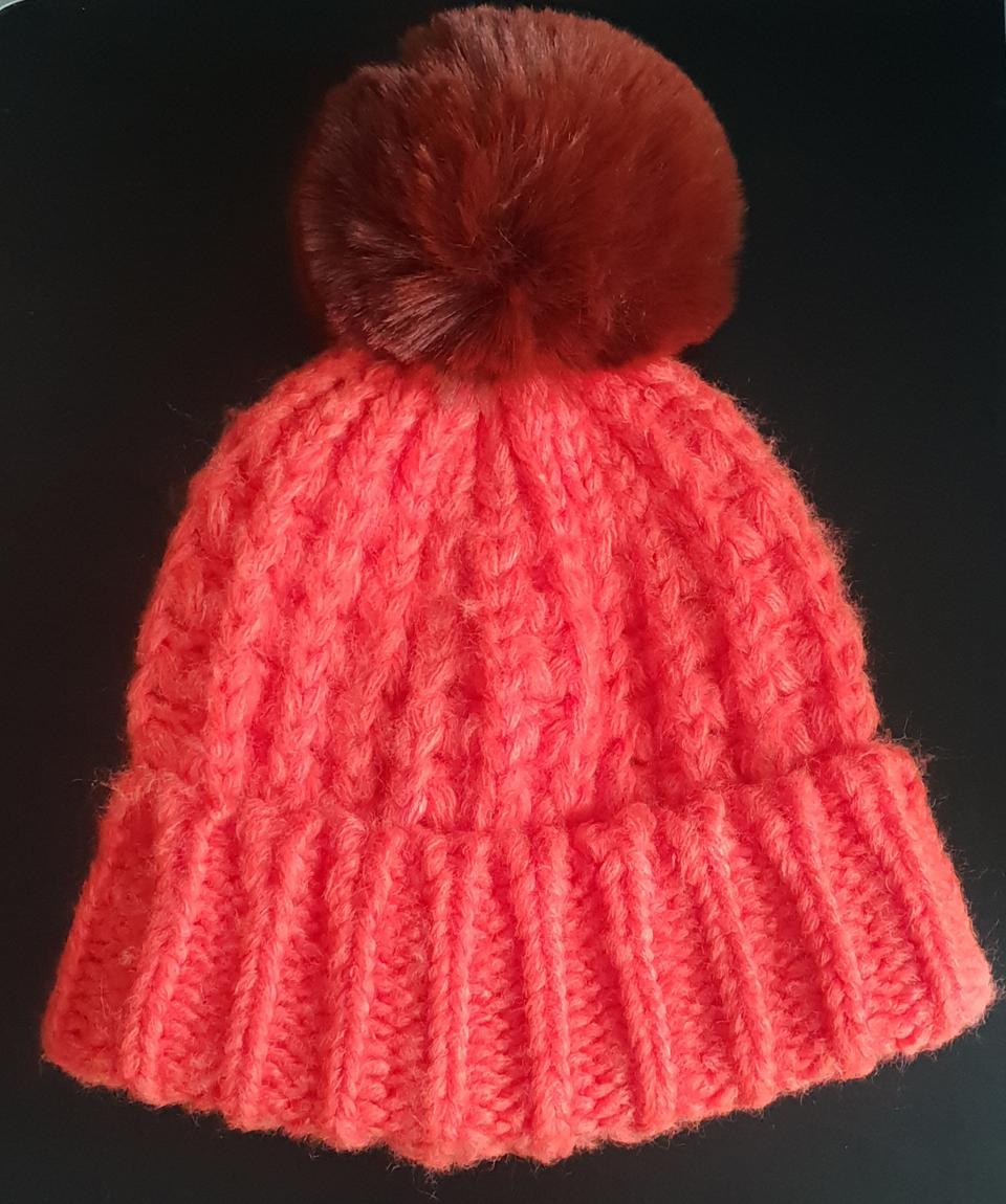 <새상품>큰 방울퍼가 달린 니트비니-형광 오렌지