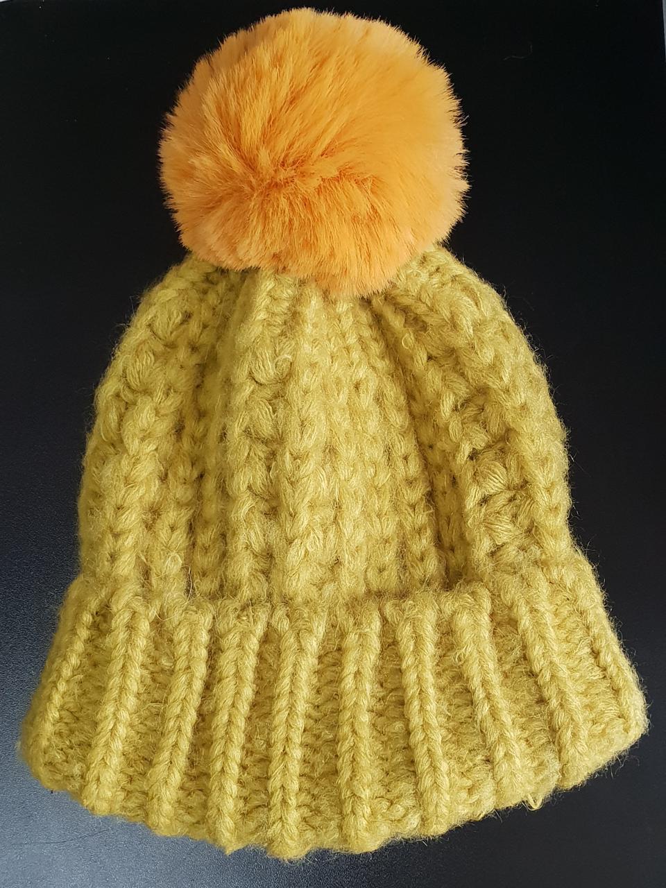 <새상품>큰 방울퍼가 달린 니트비니-라임, 골드옐로