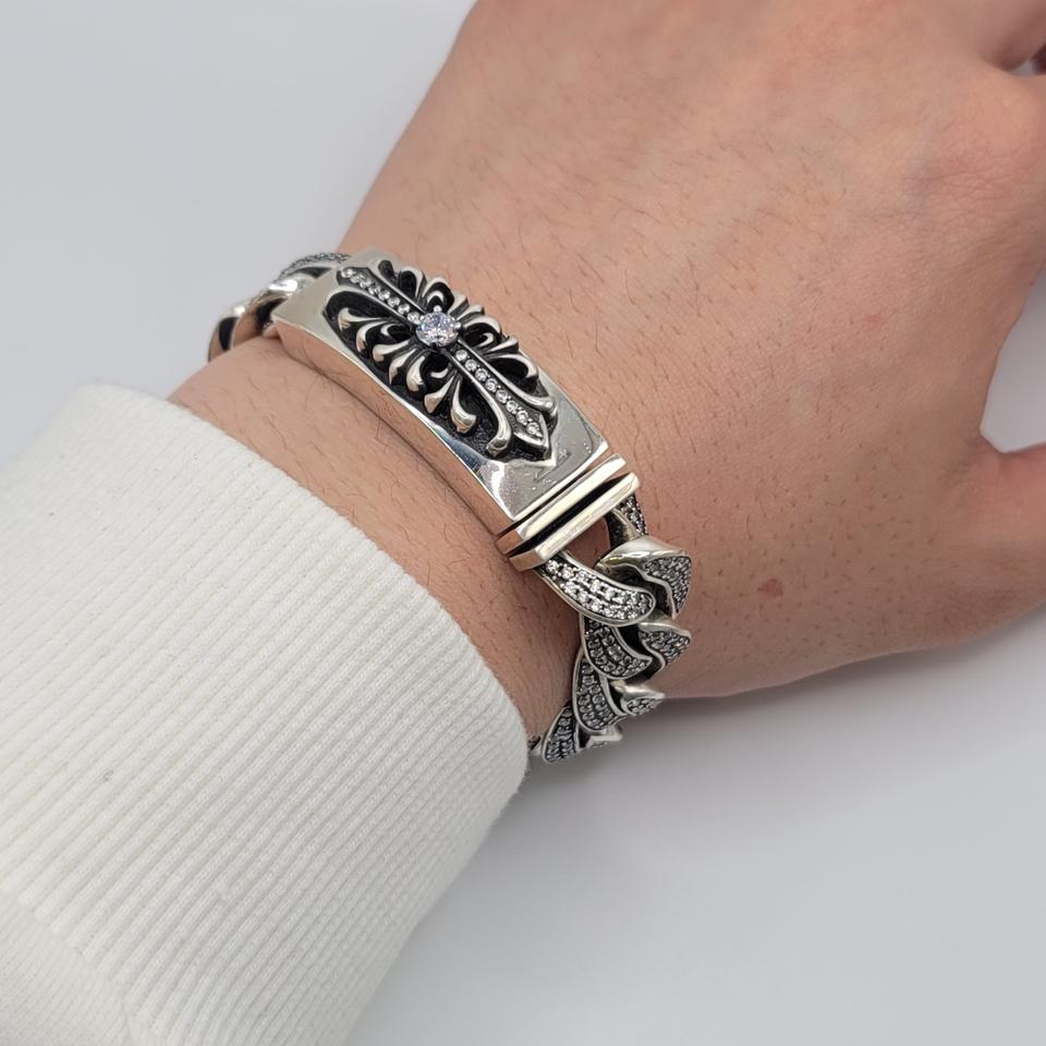 30돈 925실버 플로랄 큐빅 솔로링크 체인팔찌