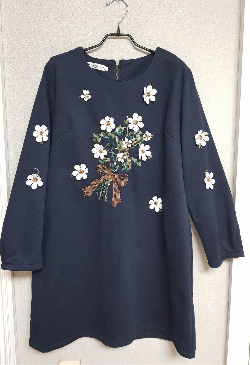 꽃 리본 자수 장식 포켓 원피스 66  ~ 77