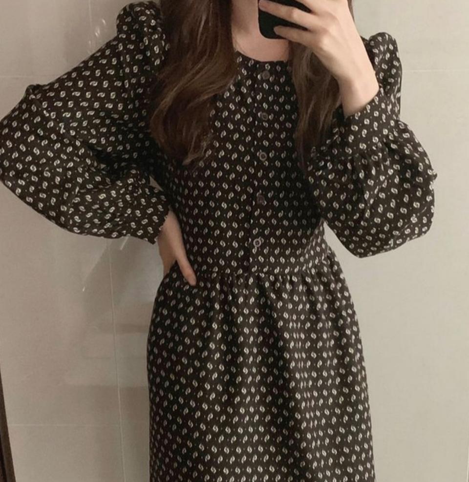 새상품) 퍼프 리본 단추포인트 롱원피스