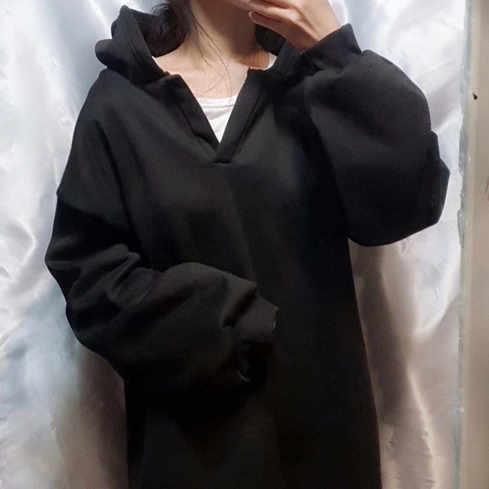 브이넥 기모 롱후드 원피스