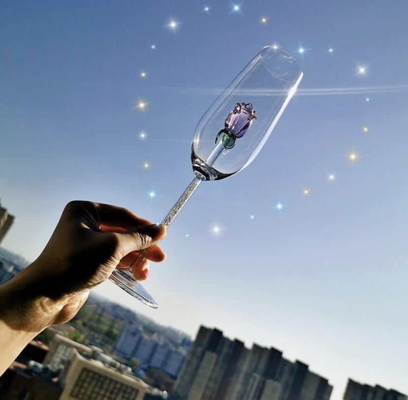 씽로드 새상품 1+1 내면 입체 핑크 장미꽃 와인잔 샴페인잔