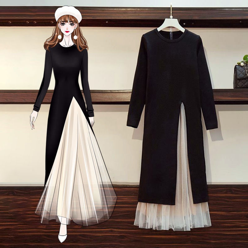 (당일배송)니트 트임 원피스 밴딩 치마 세트 투피스 롱원피스 트