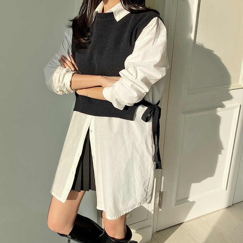 뷔스티에 리얼라쿤 리본 옆트임 울 베스트 조끼