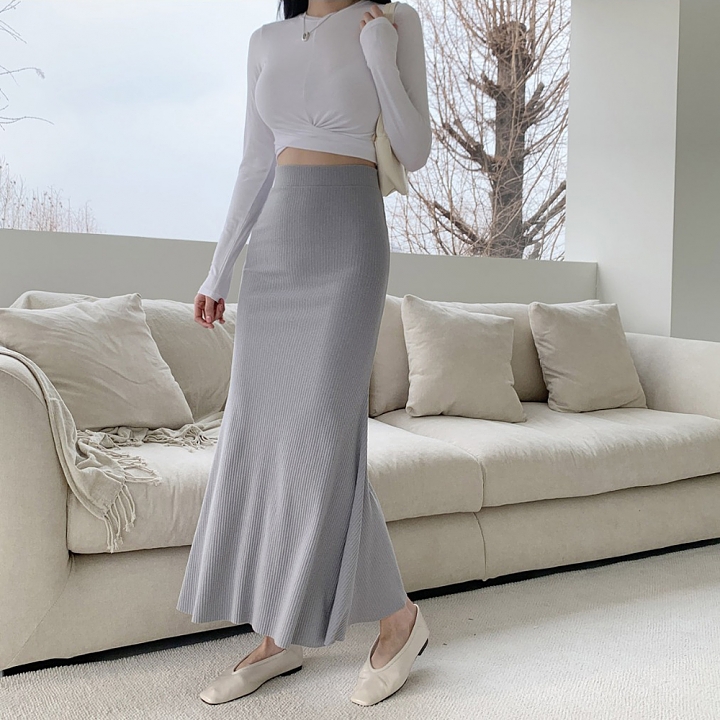 ●새상품● 골지 플레어 밴딩 롱 스커트