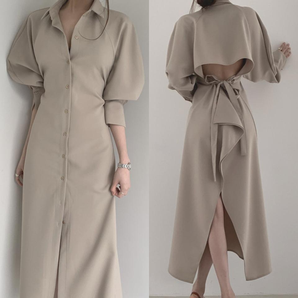 뒷트임 카라 셔츠 바바리 롱원피스