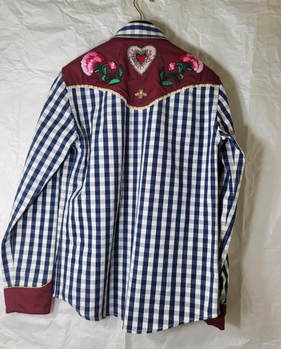 백화점 한정판)구찌 플라워 자수 패턴 꿀벌 디테일 체크 패턴 셔츠