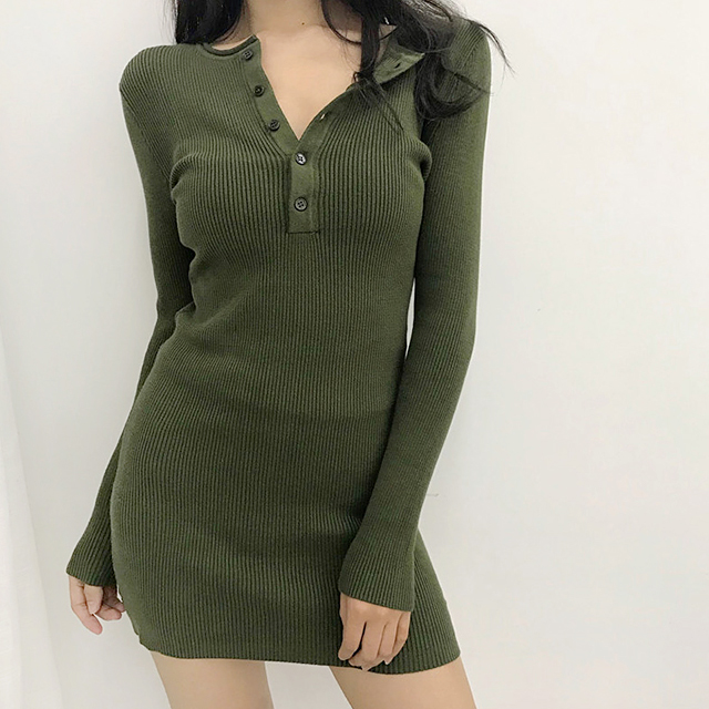 여자 골지 스판 슬림 단추 니트 미니 원피스 봄신상 주문폭주 새상품