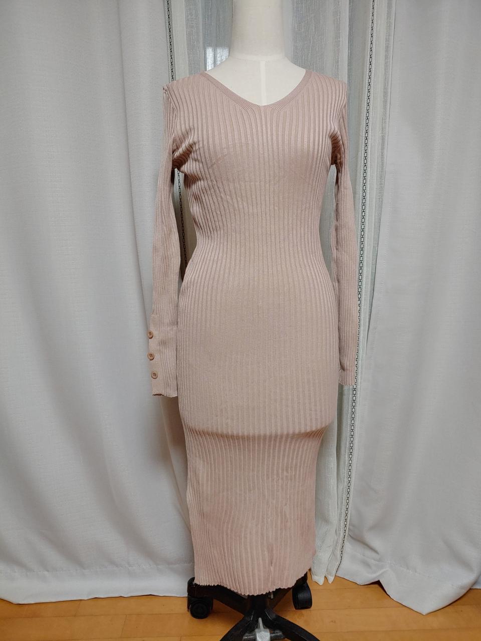 새옷/베이지 브이넥 골지 니트 롱롱 슬림 원피스