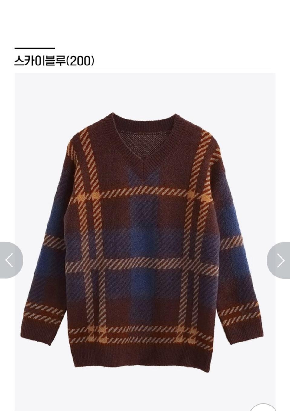 여성체크V넥 풀오버니트