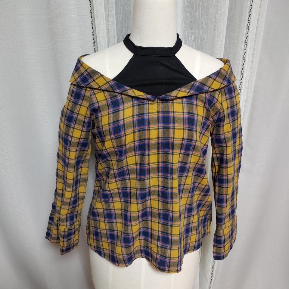 오프숄더 홀터넥 레이어드 체크 셔츠 면 블라우스