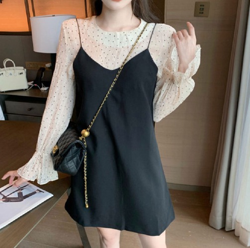 도트 블라우스 뷔스티에 미니 원피스 세트