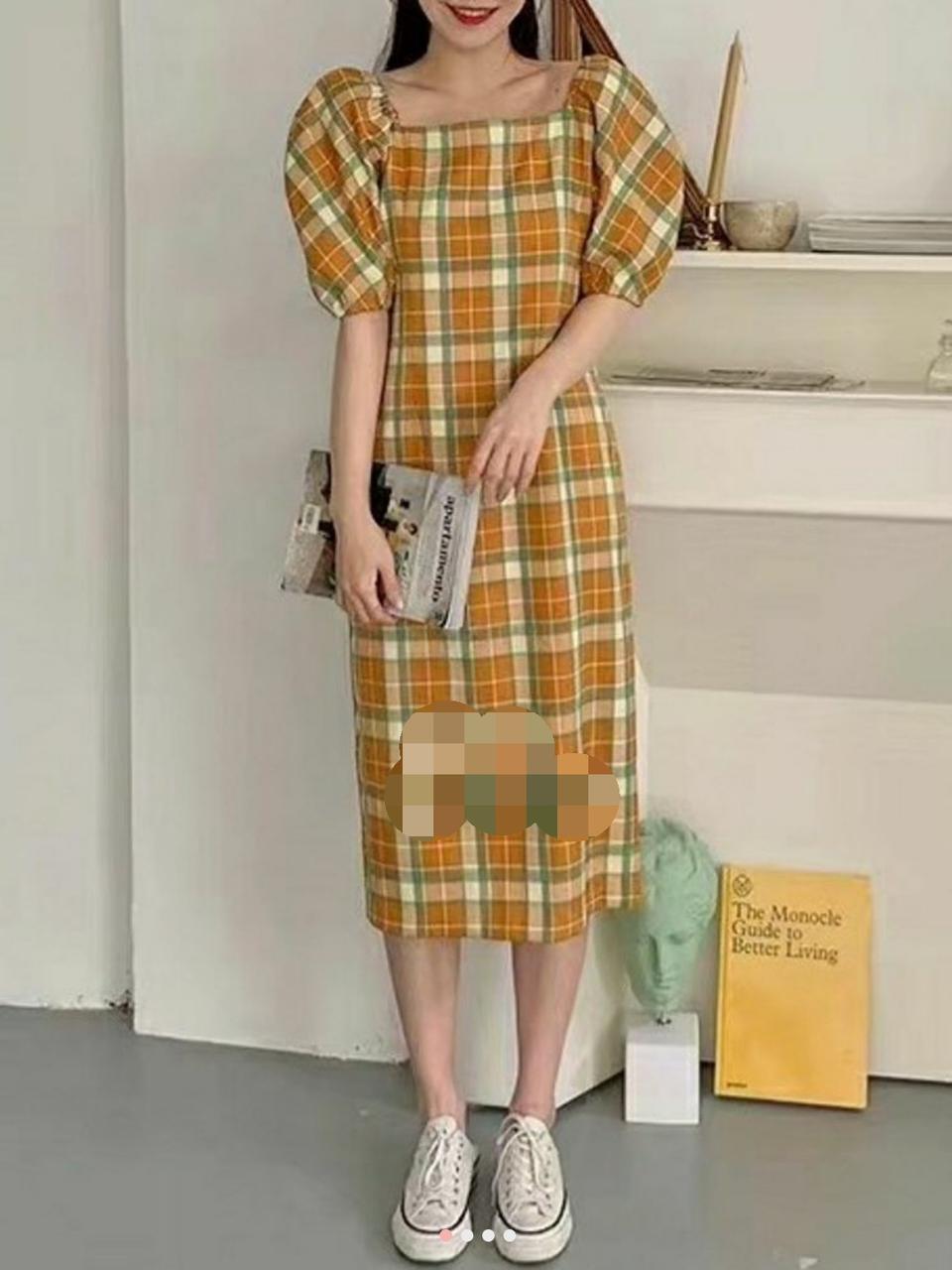 체크 스퀘어넥 롱원피스