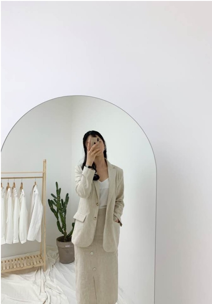 블레이저 린넨 자켓  린넨 사선 자개 스커트  세트