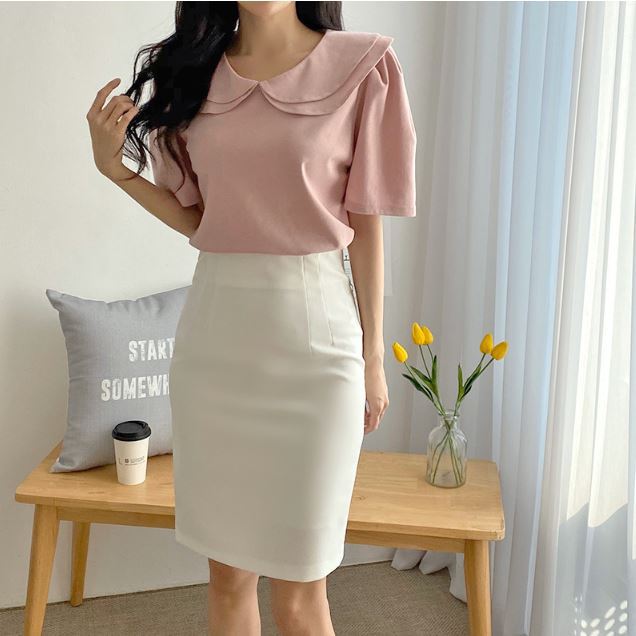 이중 빅 스판 면 블라우스 퍼프 반팔 베이직 티셔츠