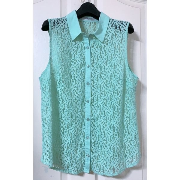 백화점 밸리걸 민트톤 전면 레이스 블라우스