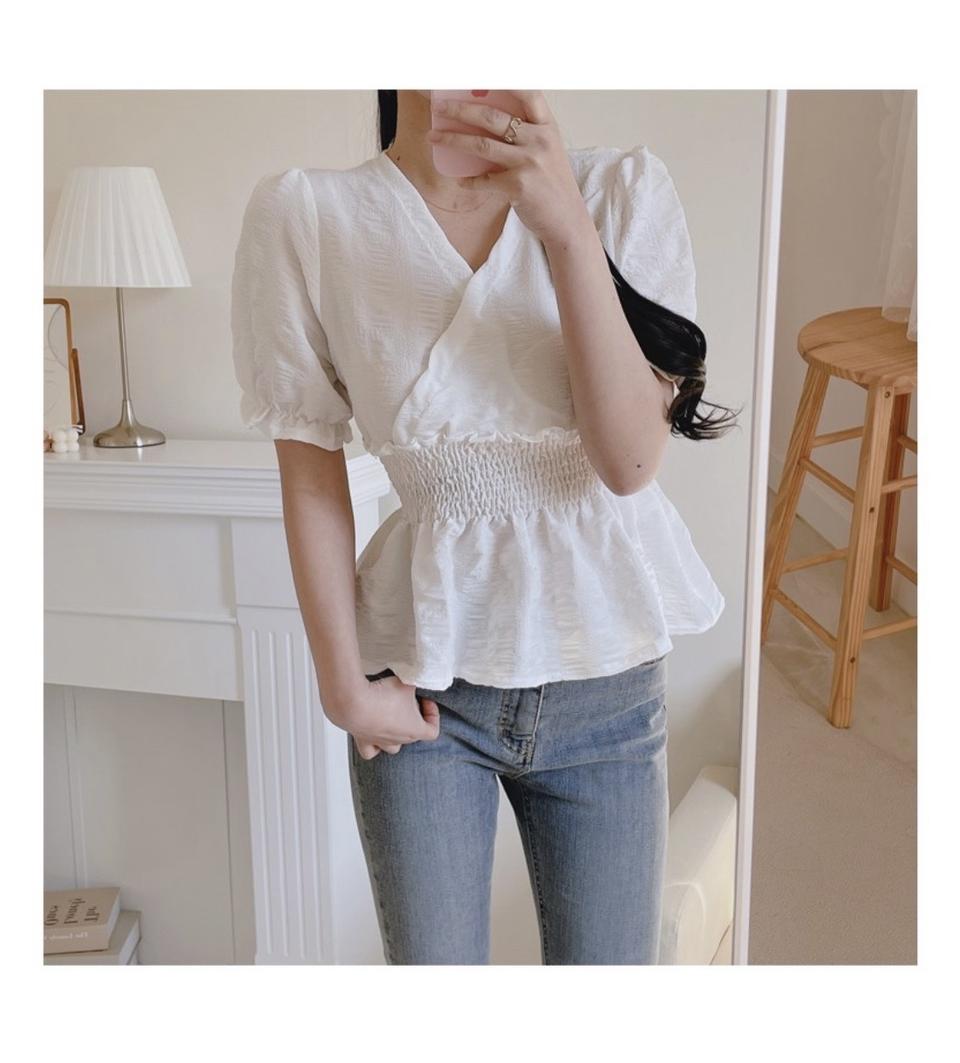 여성 여름 반팔 프릴 허리 슬림 브이넥 블라우스