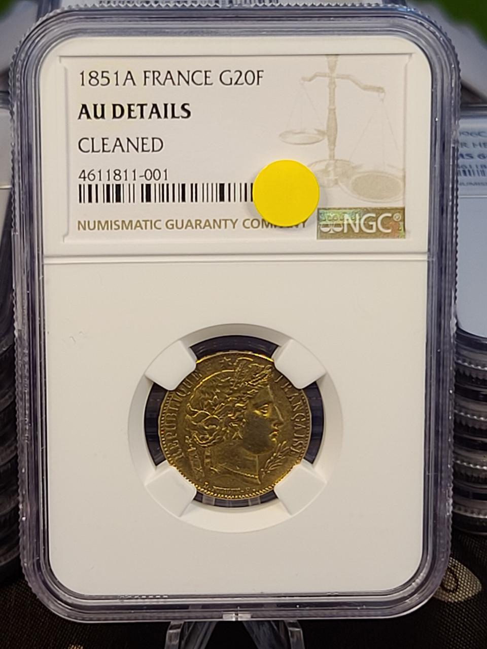 1851년 발행  20프랑 프랑스 금화 그레이딩 받은 진짜 금화.