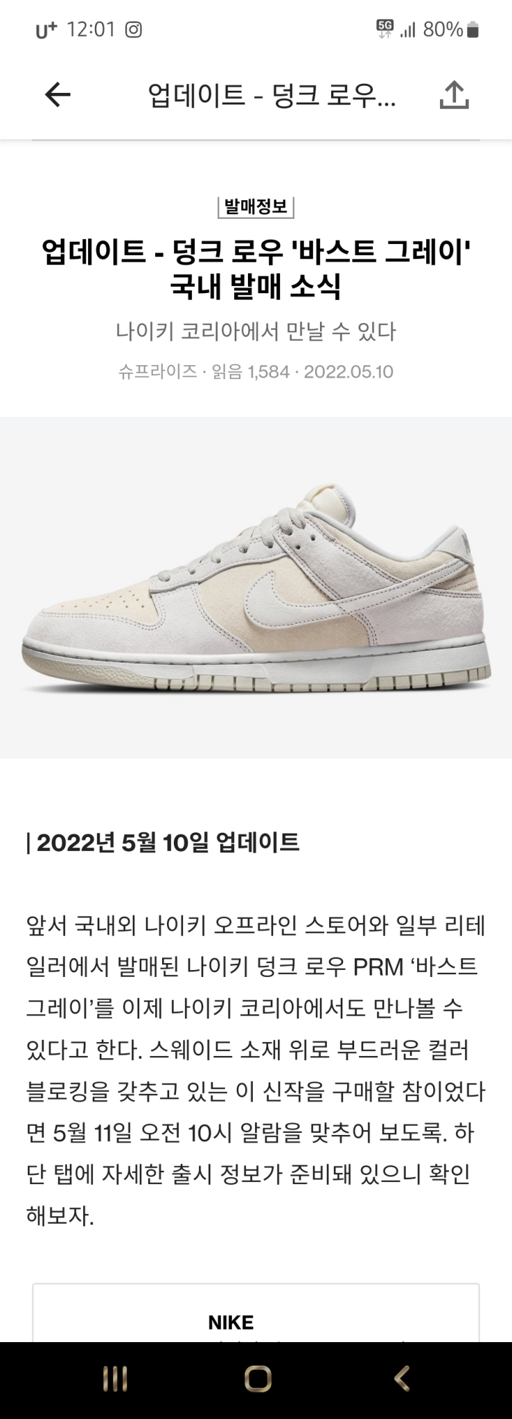 나이키 덩크로우 레트로 프리미엄 바스트 그래이 265