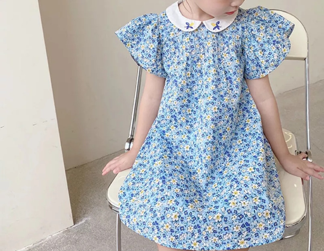 여아 블루 플라워 자수카라 원피스