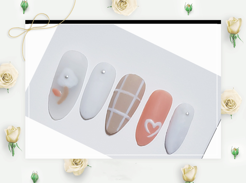 무광플라워체크하트수제네일팁 키치네일