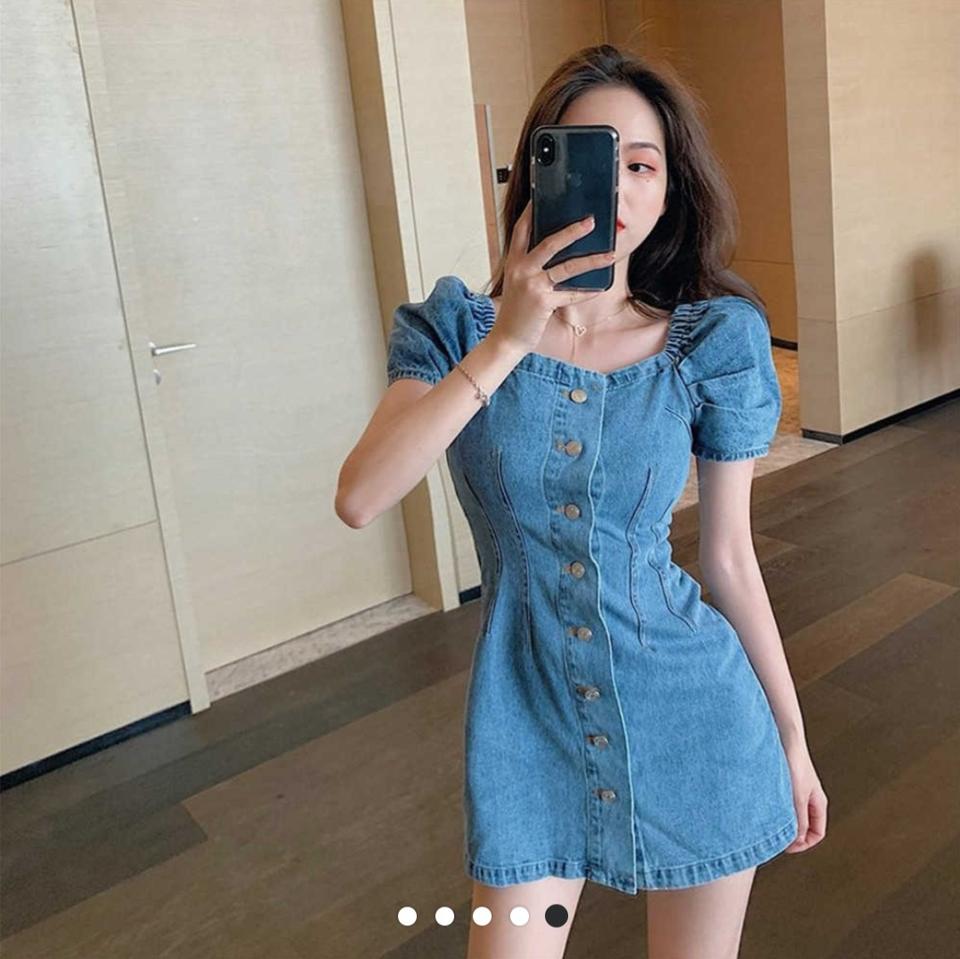 데님 청 원피스 소매 퍼프 스퀘어 섹시 미니원피스