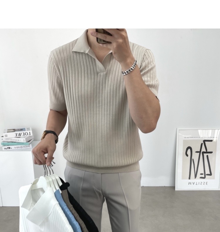 오픈카라 골지 스판 여름 남자반팔 니트