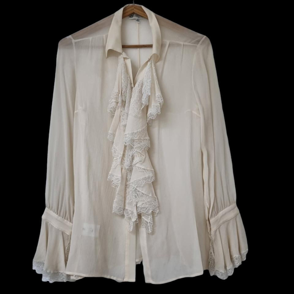 블루마린 100% 실크 레이스 블라우스