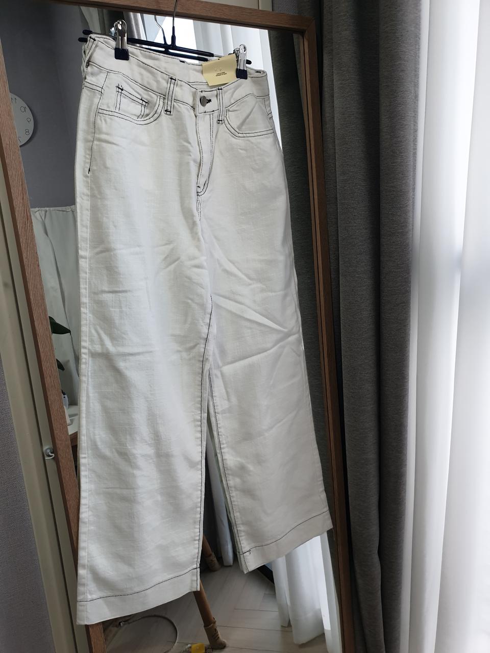 새제품/하이웨스트 린넨 스티치 와이드 팬츠 M