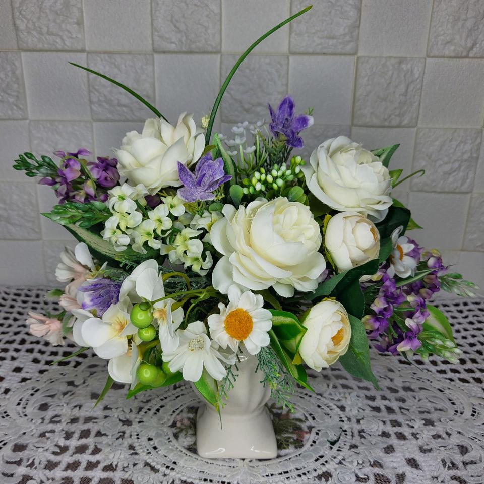 새상품)화이트 영국장미 퍼플 라일락 조화 센터피스