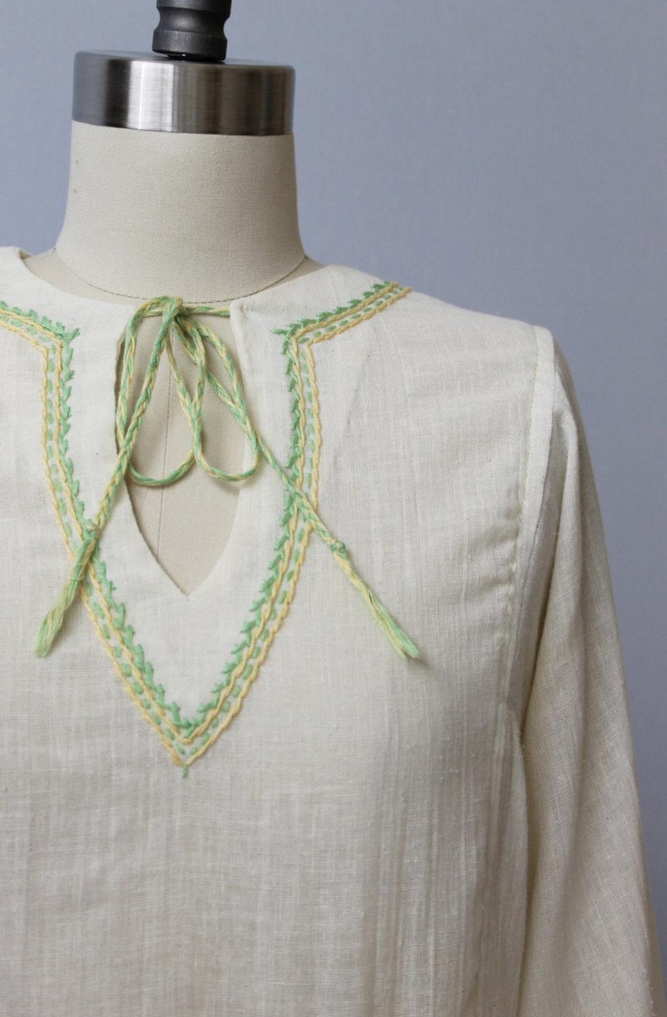 1970s 미국 빈티지 아이보리 면 보헤미안 블라우스 XS