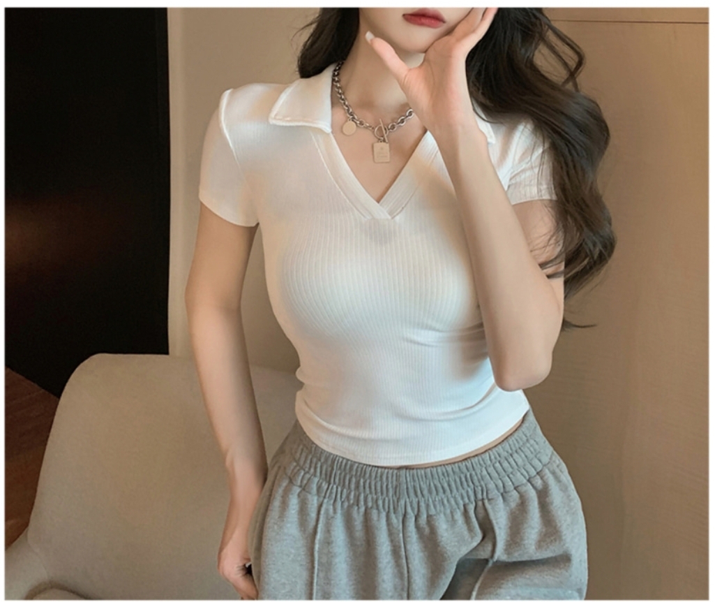 오픈 카라넥 골지 반팔 티셔츠 5색상