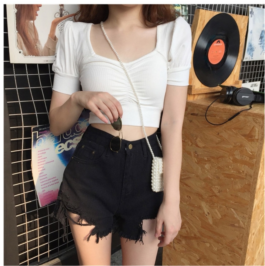 스퀘어 하트넥 벌룬 반팔 셔링 크롭탑 5색상