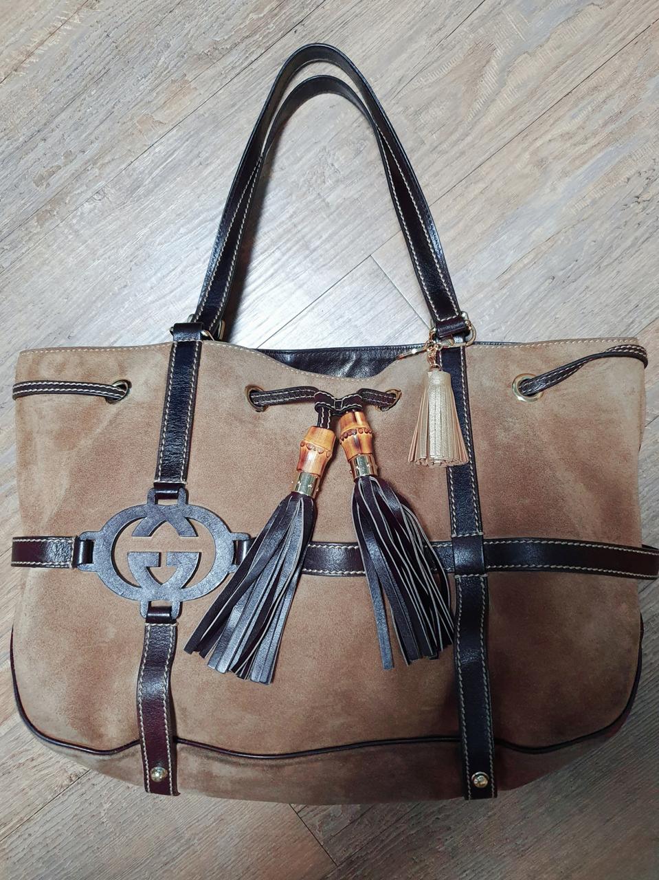 정품)구찌 뱀부 테슬 스웨이드 호보 숄더백